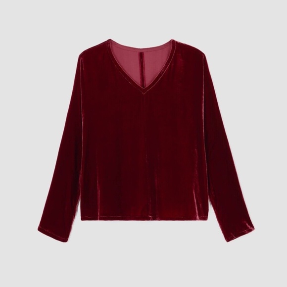 NWT Eileen Fisher Women's Dolman Sleeve Sweater Burgundy Silk Blend V-Neck - Picture 2 of 11